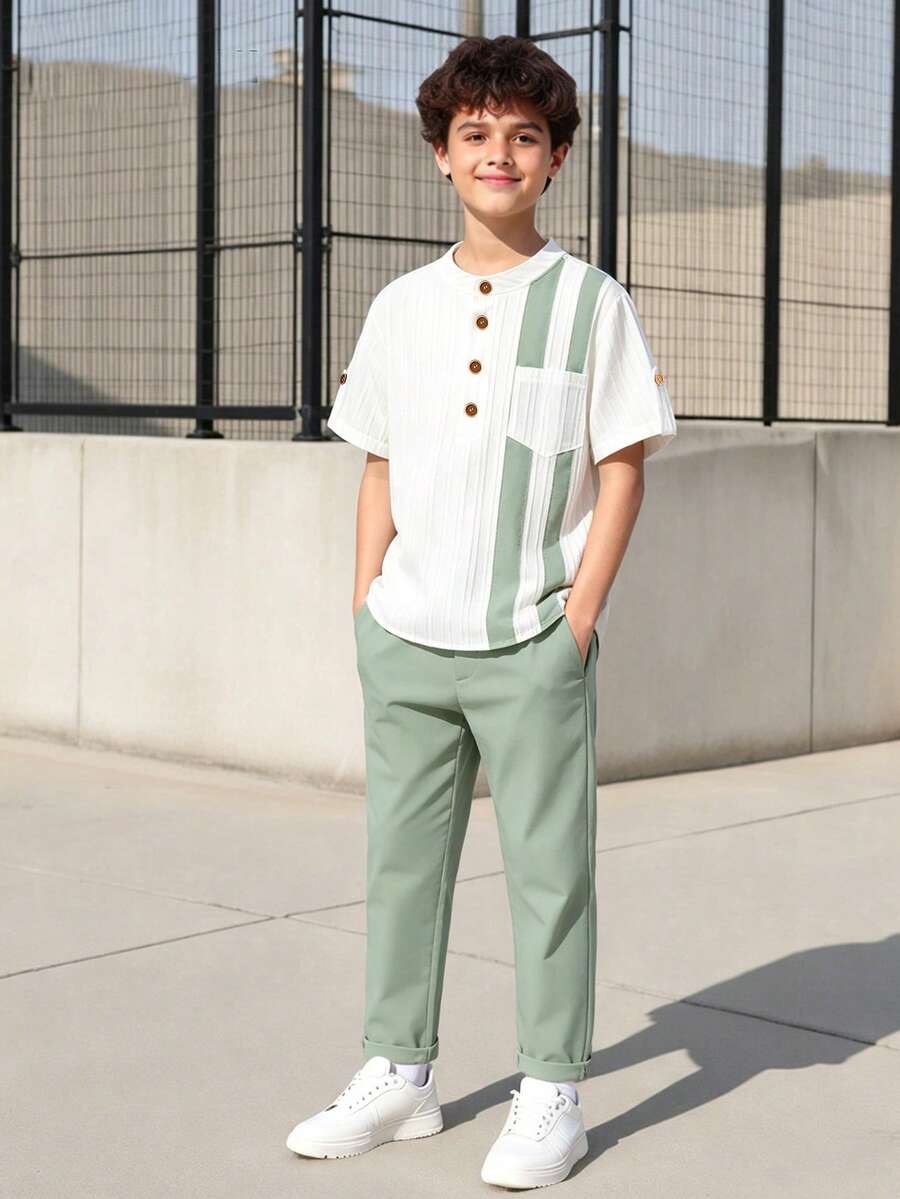 2pcs/Set Boys' Summer Casual Versatile Shirt With Stand Collar And Solid Color Minimalist Pocket Long Pants, Comfortable And Stylish For Daily, Commuting And Travel - Multicolor - View 1
