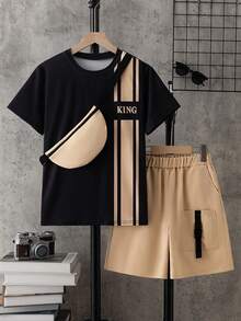 2pcs Boys Print T-Shirt & Pocket Cargo Shorts & Small Crossbody Bag Spring/Summer 3-Piece Set Suitable For Summer Outdoor Outings - Khaki - View 3