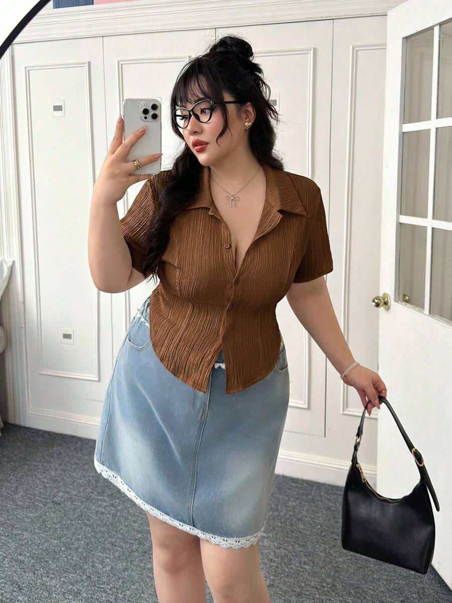 CovetEZ Spring/Summer Wave Pattern Jacquard Casual Solid Color Front Button Plus Size Short Sleeve Slim Fit Flattering Shirt - Brown - View 1