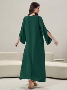 Yasmyna Colorblock Patchwork Luxurious 3D Embroidered Applique V-Neck Long Sleeve Turkish Tunic - Dark Green - View 2