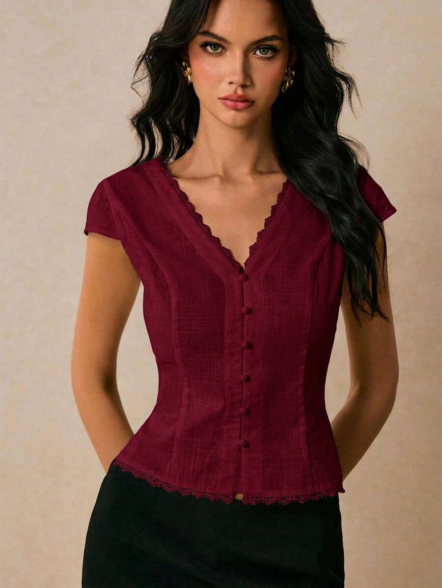 Poéselle Women's Summer Casual Solid Color Waist-Defining Blouse - Burgundy - View 1