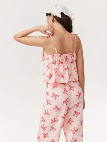 Elorette Conjunto de Pijama Feminino com Alça Fina e Laço Romântico - Rosa chiclete - Visão 2