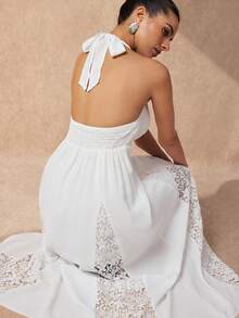 SHEIN Uhlyne Women's Hollow Lace Patchwork Full Skirt Long Elegant Romantic Tropical Party Vacation Dress, White Halter Neck Tie, Wedding Guest Beach Outfit Summer - White - View 2