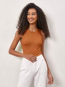 SHEIN BASICS 女款素色圓領螺紋休閒百搭背心上衣 - 鏽棕色 - 查看 5