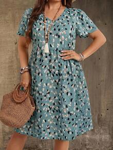 EMERY ROSE Große Größen V-Ausschnitt Kurzarm Lässig Kleid, Country Lässig Urlaubsoutfits Frau, Einfach und Modisch für den Alltag, Sommer Tops Damen, Sommer Outfits für Frauen - Grün - Übersicht 1