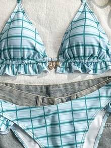 Swim Vcay 2026 Spring/Summer Blue Green Plaid Print Fabric Gold Starfish Shell Conch Shell Decor High Cut Hem Design Suitable For Beach Seaside Pool Scenes Women's Sexy Bikini - Blue - View 5