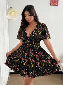 Vionelle Plus Size Women's Vacation Chiffon Printed Ruffle Sleeve Frill Trim Dress - Black - View 3