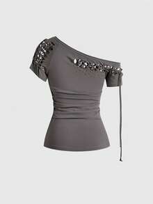 ROMWE Camiseta holgada con cuello halter, diseño perforado con remaches, estilo vintage Y2K hombros descubiertos - Gris - Ver 10