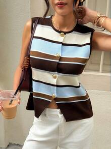 Serisse Women's Casual Vintage American Preppy Style Sleeveless Knit Vest With Brown Striped. Autumn Outfit For Women, Going Out School Brunch Tops - Multicolor - View 8