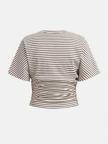 SHEIN Girlism Kids Teen Girls T-Shirts Spring/Summer Striped Knit Crew Neck Fitted Waist Short-Sleeved T-Shirt, Perfect For Graduation And Back-To-School Season - Coffee Brown - View 2
