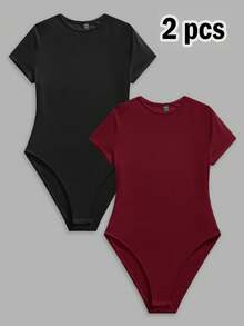 SHEIN BASICS 2pcs Minimalist Style Women's Bodysuit, Versatile For Spring & Summer Summer Clothes - Multicolor - View 3