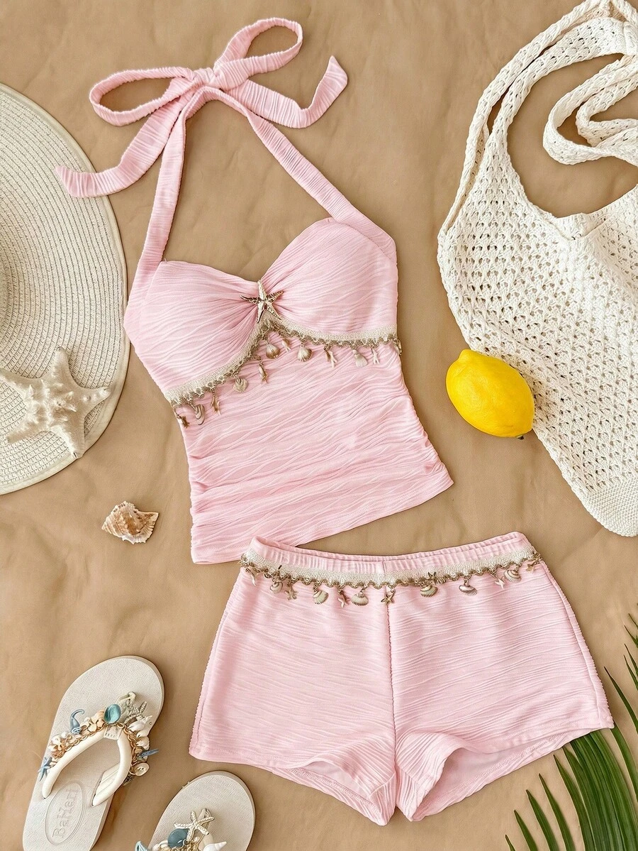 SHEIN 兒童青少年女孩粉色背心套裝,海灘度假休閒,海星細肩帶上衣與短褲兩件組,繫帶海星貝殼裝飾度假細肩帶上衣,金屬扣粉色針織紋理貼身背心,時尚貼身上衣,適合派對、約會、郵輪、度假、海灘、音樂節,波希米亞風度假。粉色貝殼套裝,粉色海灘套裝 - 粉色 - 查看 1