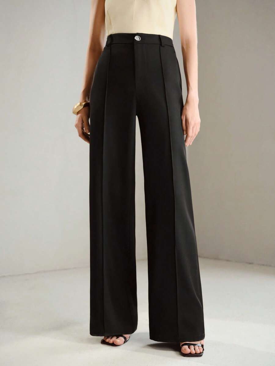 MOTF PREMIUM AUTUMN DAILY CLASSY ELEGANT OFFICE COMMUTE TOOTHPICK PLEAT DRAPED STRAIGHT LEG LONG PANTS BLACK - Black - View 2