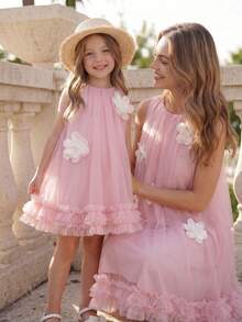 SHEIN Glamorique Kids 女童夏季綠色無袖碎花洋裝，甜美可愛風，優雅 - 粉色 - 查看 2