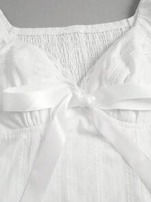 Flirla Sweet Spicy Solid Color Lace Trim V-Neck Bow Tie Fitted 100 Cotton Summer Mini Dress For Women Vacation All White Cottage Core - White - View 4