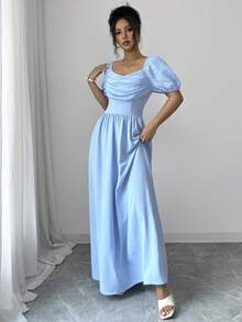 Selianne Women's Textured Pleated Elegant Waist-Cinched Dress Vacation Blue Summer - Blue - View 3