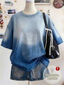 Lalippa Denim Effect Retro Digital Print Loose T-Shirt - Multicolor - View 9
