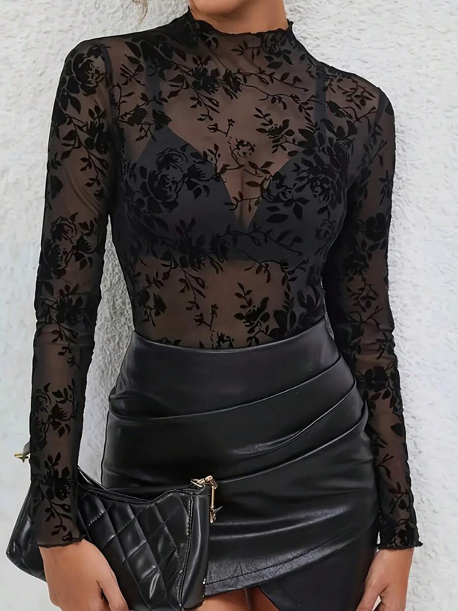 SHEIN LUNE 女式立领长袖流苏休闲透明衬衫 - 黑色 - 查看 1