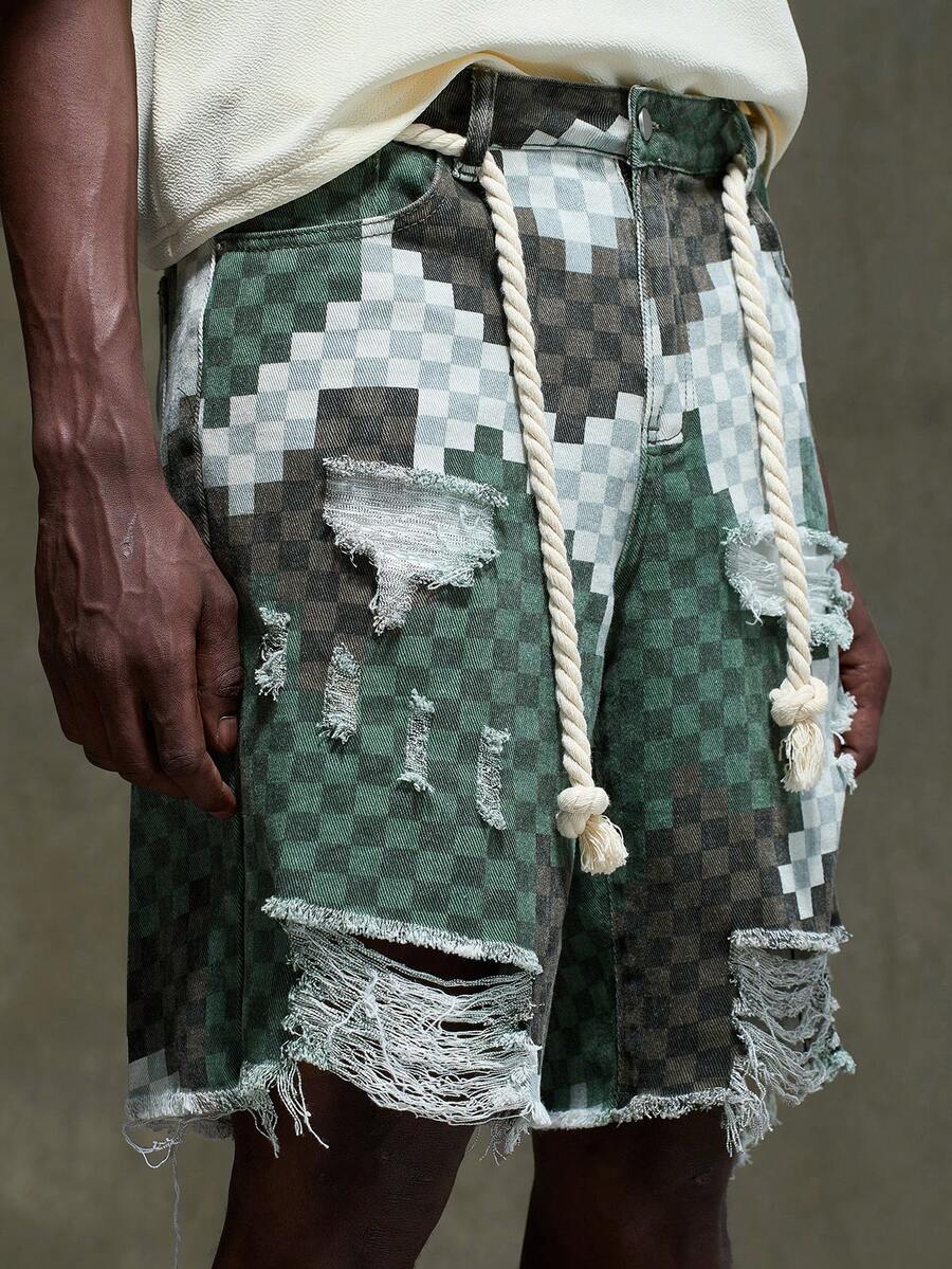 Salvezio 宽松男式棉质破洞毛边牛仔短裤 - 彩色 - 查看 1