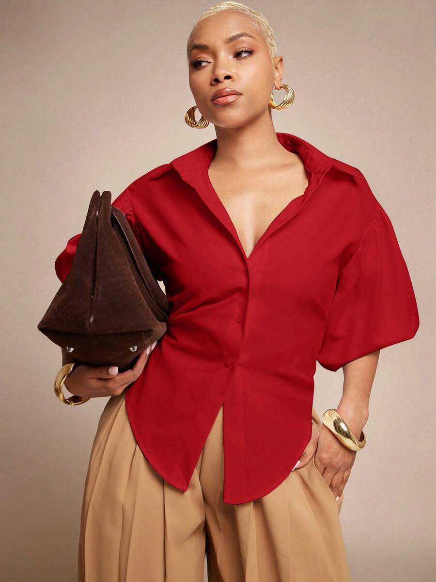 Vixey Solid Self Tie Back Collared Button Up Long Sleeve Top - Red - View 1