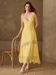 MOTF PREMIUM WOMEN'S CONTRAST LACE SPAGHETTI STRAP DRESS - Yellow - View 4