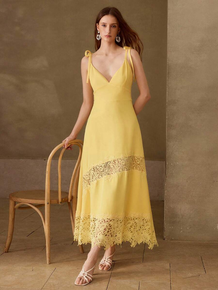 MOTF PREMIUM VESTIDO DE MUJER CON TIRANTES FINOS Y ENCAJE EN CONTRASTE - Amarillo - Ver 1