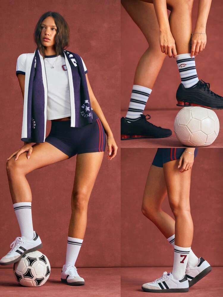 3 Pairs Soft Cotton Fresh Steps Varsity Stripe Seamless Toe Crew Socks Daily Active Casual Wear