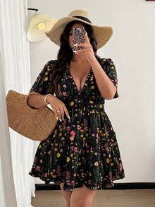 Vionelle Plus Size Women's Vacation Chiffon Printed Ruffle Sleeve Frill Trim Dress - Black - View 6