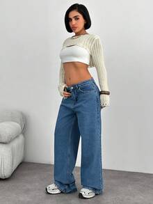 SHEIN Tall 100%Cotton HIGH WAIST WIDE LEG LONG HEM TALL JEAN - Medium Wash - View 3