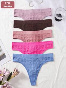 SHEIN 5 piezas Bragas tipo tanga sexys de punto acanalado sin costuras cómodas y básicas de color liso para mujer talla grande - Multicolor - Ver 5