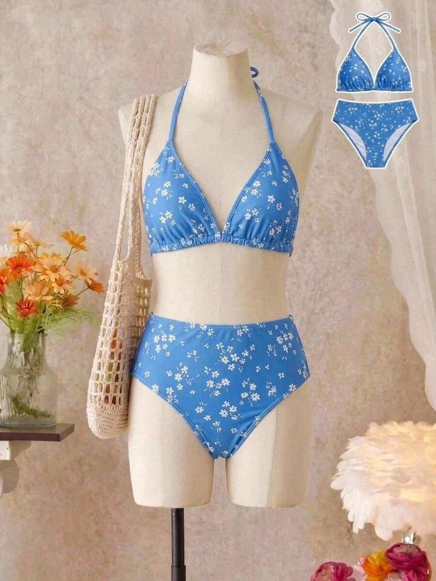 SHEIN 少女比基尼套装，挂脖碎花针织面料泳装，两件式三角比基尼，时尚休闲优雅泳装，适合游泳、夏季度假、海滩、泳池、假日派对