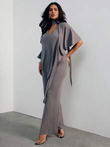 Hauture Damen Sexy Elegante Lässige Stretch Weiche Strick Lose Passform Schal Bindung Jumpsuit, Vielseitige Komfort Kleidung, Hochzeiten Brunch, Babypartys, Grau Herbst - Dunkelgrau - Übersicht 3