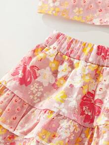 Maija Kids Maija Kids Conjunto de 2 piezas para niñas jóvenes, elegante y exquisito, casual de vacaciones, top camisola sin mangas con estampado floral pequeño rosa, ajustable, con dobladillo de volantes multicapa y falda corta estampada, adecuado para uso diario, regreso a la escuela, viajes, reuniones, fiestas festivas, primavera y verano - Rosa - Ver 7