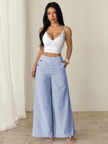 SHEIN PETITE Women's Casual Sexy Blue And White Stripe Button Decor Wide Leg Pants,Petite Women Beach Autumn - Blue and White - View 3