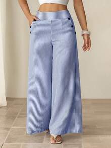 SHEIN PETITE Women's Casual Sexy Blue And White Stripe Button Decor Wide Leg Pants,Petite Women Beach Autumn - Blue and White - View 8