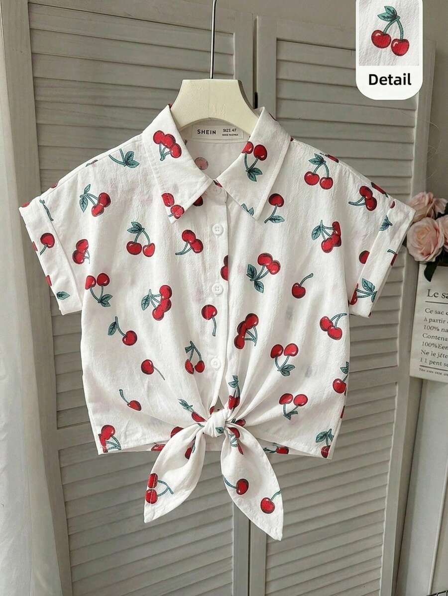 SHEIN 年轻女孩樱桃印花休闲衬衫 - 白色 - View 1