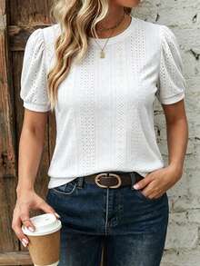 EMERY ROSE Plus Size Women's Vacation Hollow Embroidery Round Neck Short Puff Sleeve T-Shirt Office Evening White Summer Casual Elegant - White - View 6