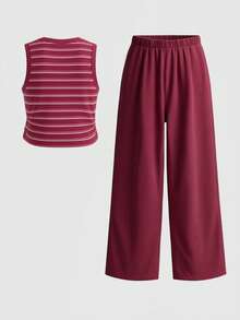 SHEIN ChillGRL Conjunto de 2 piezas para niñas con top de tirantes con estampado de estrellas y cordón & pantalones cargo con bolsillos y cintura de bloques de color, estilo casual de calle, primavera/verano - Rojo - Ver 2