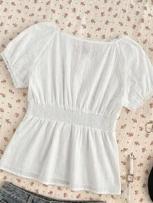 CovetEZ 大尺碼女款春夏新款棉混紡對比蕾絲泡泡袖短袖襯衫，甜美休閒女式上衣 - 白色 - 查看 5