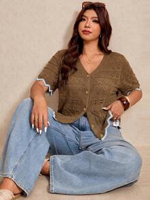 Elaquor Plus Size Contrast Trim Short Sleeve Hollow Out Knit Cardigan Fall - Rust Brown - View 1