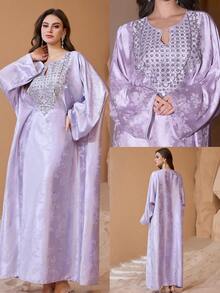 Al Najma 客製化亮片刺繡領口提花面料年輕時尚奢華女款洋裝 - 紫色 - 查看 1