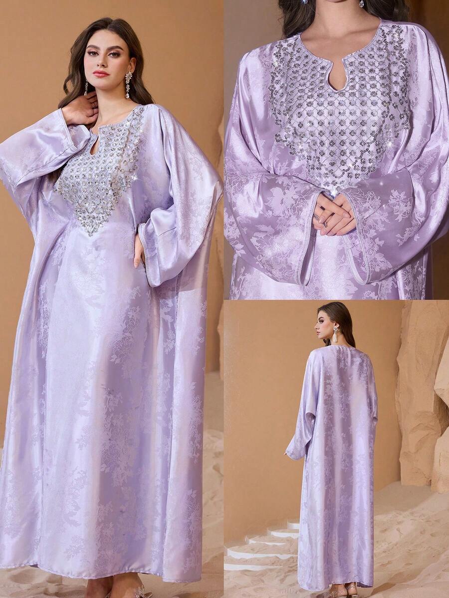 Al Najma 客製化亮片刺繡領口提花面料年輕時尚奢華女款洋裝 - 紫色 - 查看 1