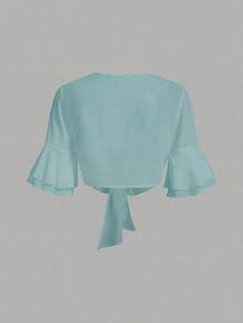 EMERY ROSE Solid Color Flare Sleeve Tie Front Cropped Shirt - Baby Blue - View 2