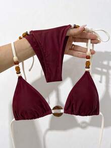 Swim Basics 女款純色串珠環飾掛脖綁帶性感比基尼兩件式泳衣套裝，白色紮染，適合海灘度假夏季 - 黑色 - 查看 7