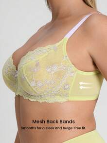 LUVLETTE Plus Full Coverage Breathable Unlined Lace Elegance & Mesh Keyhole Detail Lingerie CurveLight Green & Purple Sheer Minimizer Bridal Intimates Bra - Green - View 2