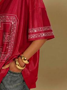 Rhinestone Athletic Oversized Mesh Jersey Tee - Red - View 2