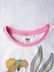 LOONEY TUNES X SHEIN 青少年女孩字母印花短袖T恤與短褲家居服 - 粉色 - 查看 3
