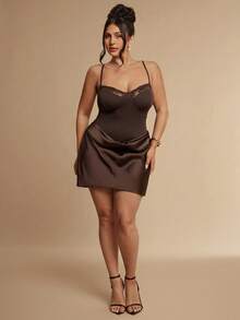 SHEIN BAE CURVE Plus Size Women's Lace Trim Sexy Date Party Spaghetti Strap Dress, Summer Outfits, Independence Day, 4th Of July, Elegant - Brown - View 4