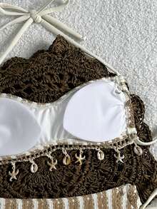 Swim Mod New Women's Beach Pool Party Vacation Fashion Sexy Casual Apricot White Lace Trim Shell & Starfish Pendant Striped Bandeau Strapless Bikini Set - Multicolor - View 3