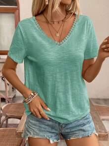SHEIN Frenchy 夏季婚禮季露背蕾絲拼接上衣 T-Shirt 必備款 夏季套裝 法式風格 - 薄荷綠 - 查看 4